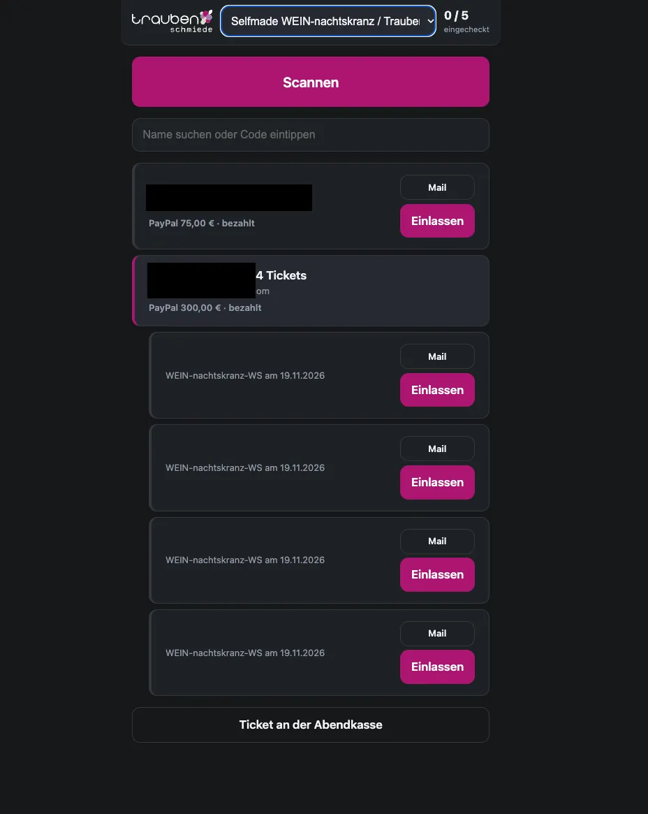 Traubenschmiede: Einlass am Handy